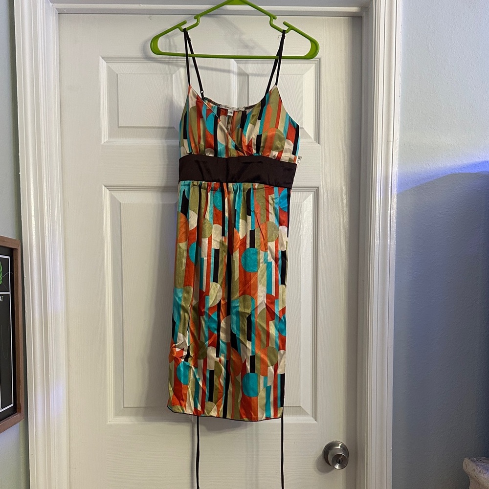 Hot Kiss Multicolor Striped & Geometric Midi Dress with Brown Waistband